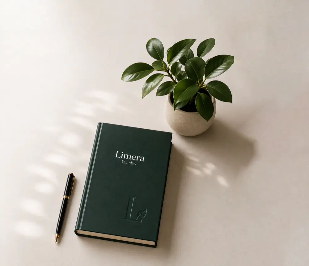 Limera Yayınları — yayına hazırlanan yeşil ciltli kitap, kalem ve saksı bitkisi