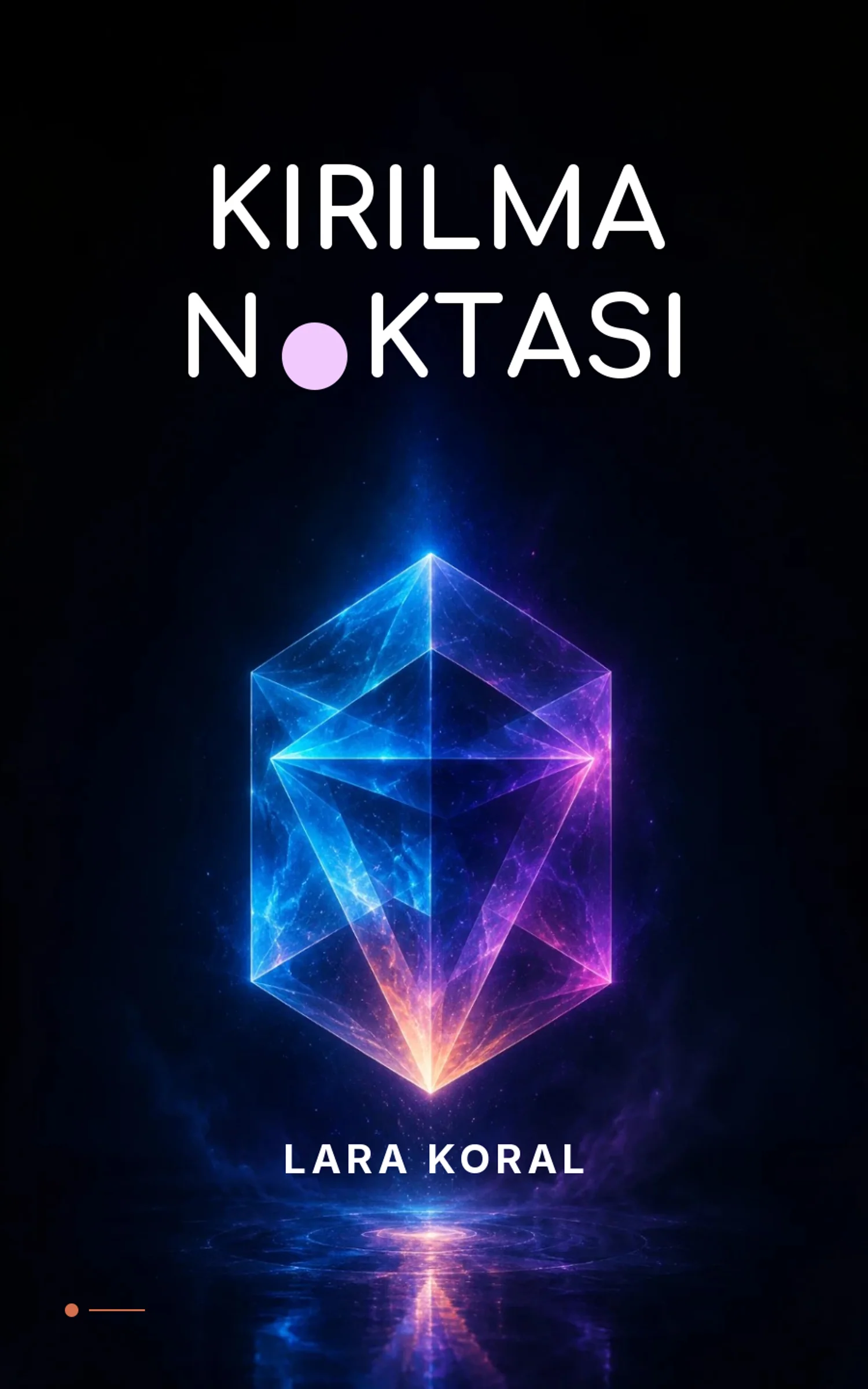 Siyah arka planda mavi ve mor ışıklar saçan geometrik kristal görseli ve beyaz modern tipografili kitap kapağı tasarımı.